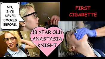 18 year old student Anastasia Knight smokes cigarette for the first time with her math teacher "No, I've never smoked before." Coughs when her virgin lungs inhale smoke