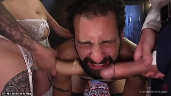 Big boobs tattooed curly brunette femdom Arabelle Raphael brings partner Will Havoc in her private dungeon and shows him slave DJ then they anal fuck