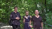 Czech Luca Bella with handcuffs on a leash walked in public park at river view then in public bar tied up and anal fucked